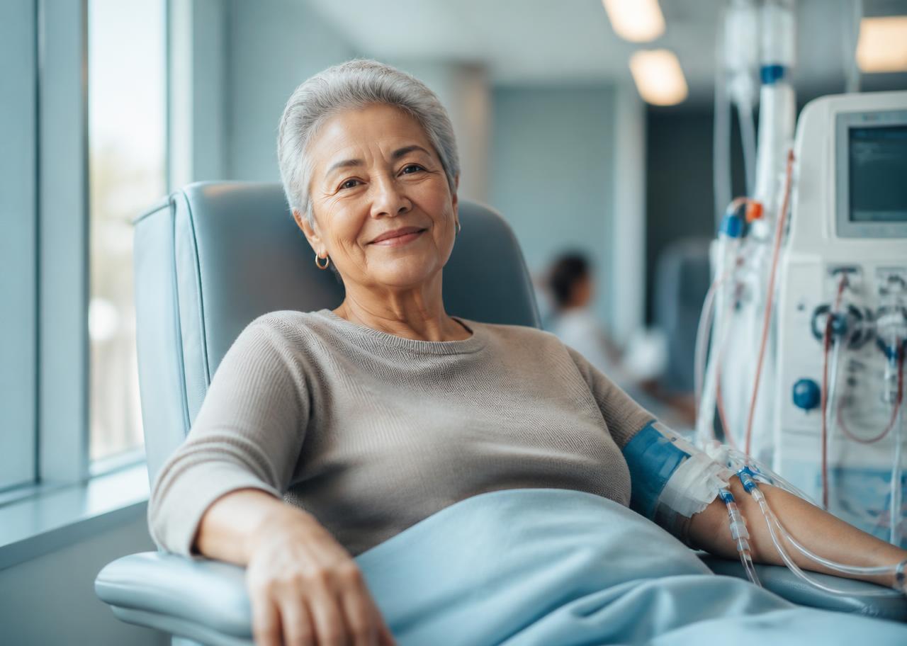 Patient relaxed in a dialysis unit chair by a bright window