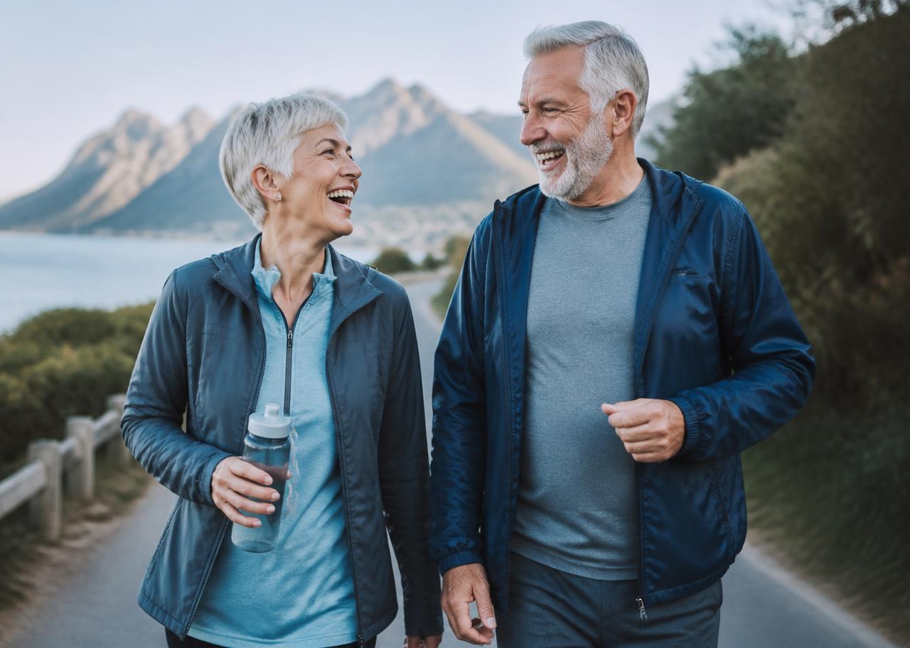 Couple walking outdoors, active after weight loss