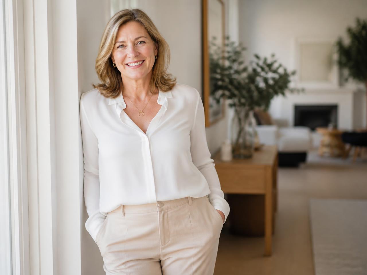 Woman in her fifties smiling, healthy after monitored weight loss