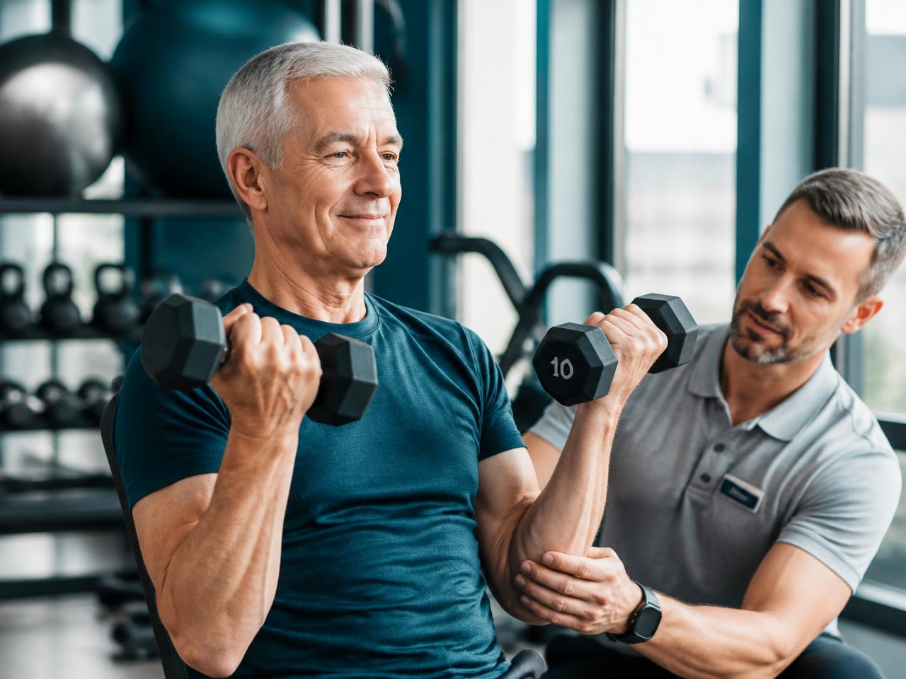 Older man doing supervised resistance training with dumbbells